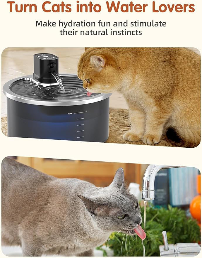 Stainless Steel Wireless Cat Water Fountain 3.2L/108oz Automatic Cat Water Dispenser 4000mAh Battery Operated Large Capacity Pet Water Fountains for Cats Dogs (Black Classic)