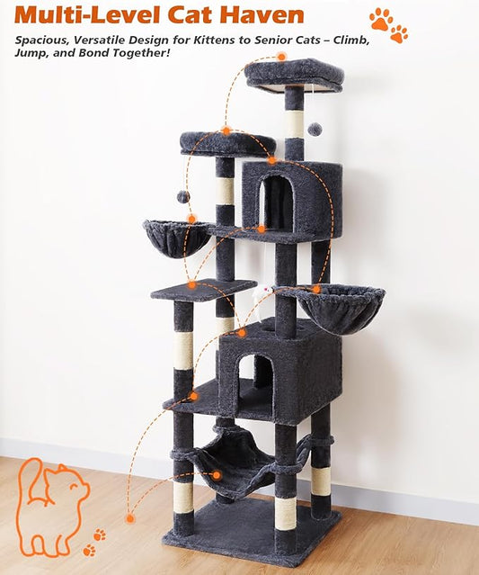 AMHANCIBLE Cat Tree, 70 Inch Tall for Indoor Adult Cats, Large Multi-Level Tower with Scratching Post, Hammock, Condos, Hanging Basket, Activity Center to Play and Sleep, Dark Grey, PT18DG
