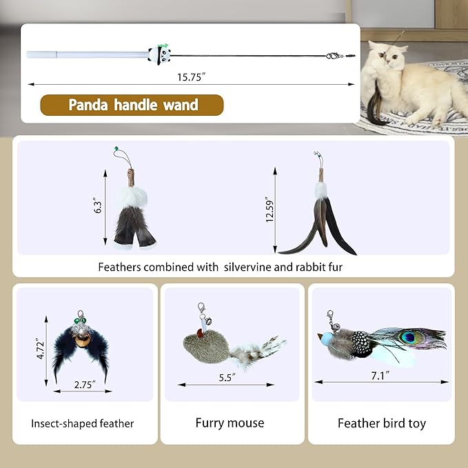 Cat Toy Feather Refills 5PCS with Bell,Clasp - Undyed Natural Cat Wand Refill Attachments Mouse,Feather,Bird for Bored Indoor Cats, Kittens to Chase and Exercise, Include Fishing Line