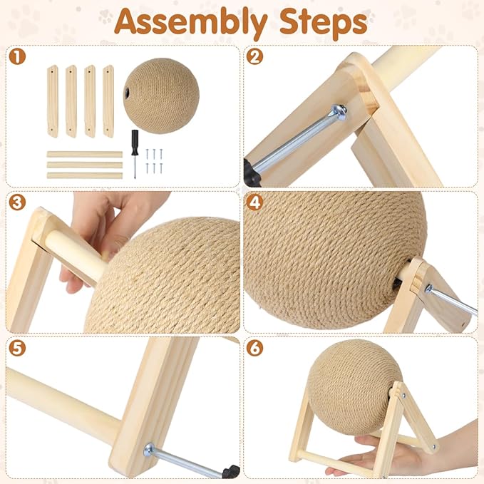 Sisal Rope Cat Scratching Ball - Cats Scratching Toy Kitten Interactive Wood Scratcher Pet Supplies - Brown Pet Scratcher Board Toys for Indoor Outdoor Multi-Occasion Use, 8.7x7.1x6.3in