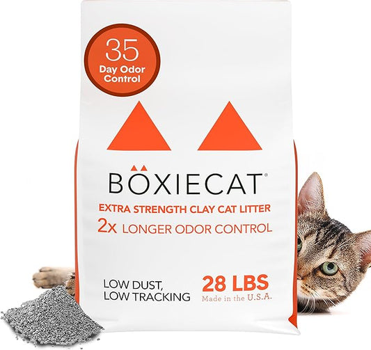 Boxie® Extra Strength 35 Day Odor Control Clumping Clay Cat & Kitty Litter 28lb, 99.9% Dust-Free, Probiotic Formula, Long-Lasting, Veterinarian Approved, Easy Scooping for Multi-Cat Homes