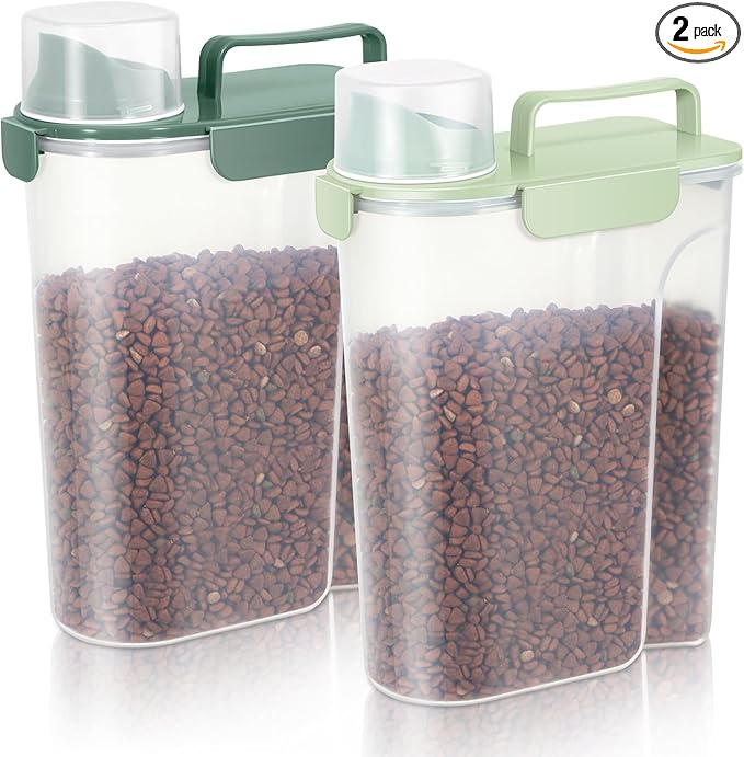 Dog Food Storage Container, Upgraded Large Nozzle BPA-free, 8-12 LBS Plastic Pet Food Storage Containers, With 4 Sealed Clasps, 1 Measuring Cup and Handle (2, Green+Dark Green, 5L)