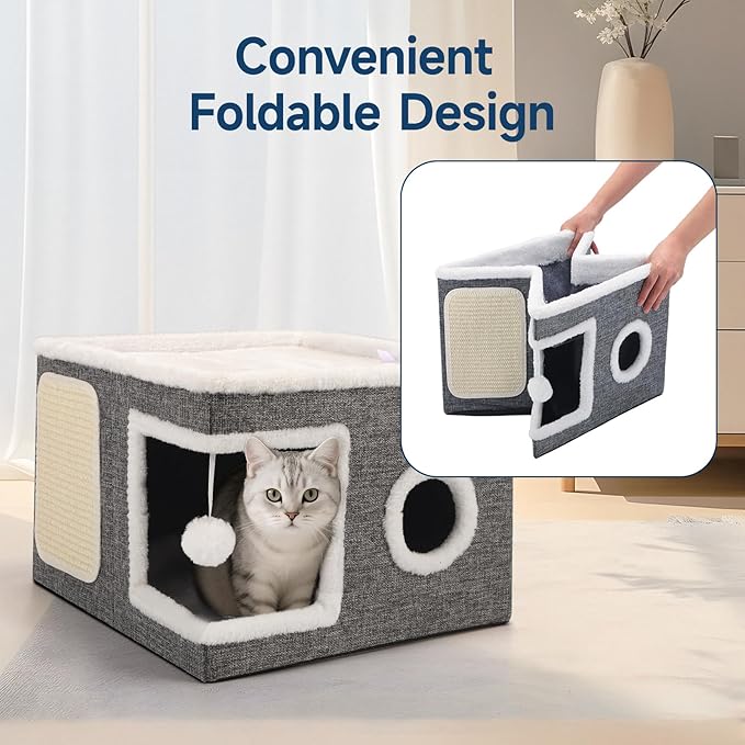 Cat Beds for Indoor Cats, Large Cat Cave with Cozy Condo, Fluffy Hanging Ball, Round Window, Foldable Indoor Cat House Hold Up to 30LBS, Cat Hideaway with Double-Sided Soft Cushions for All Seasons