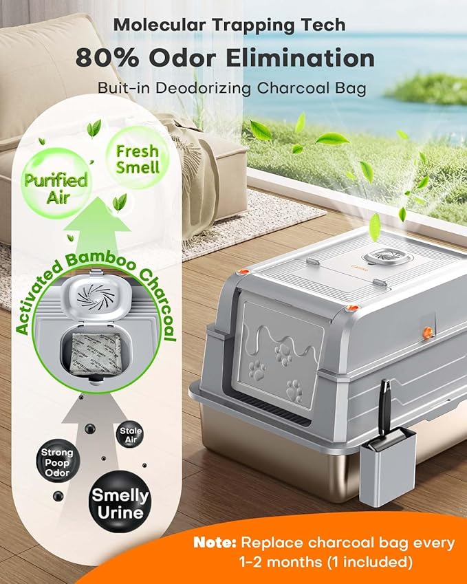 CATLIKE® 2025 Upgrade 152L XXXL Stainless Steel Cat Litter Box - 3-Layer Urine Leak-Proof, Enclosed Design w/Charcoal Filter for Maine Coon & Multi-Cat Homes, Includes Metal Scoop & Mat