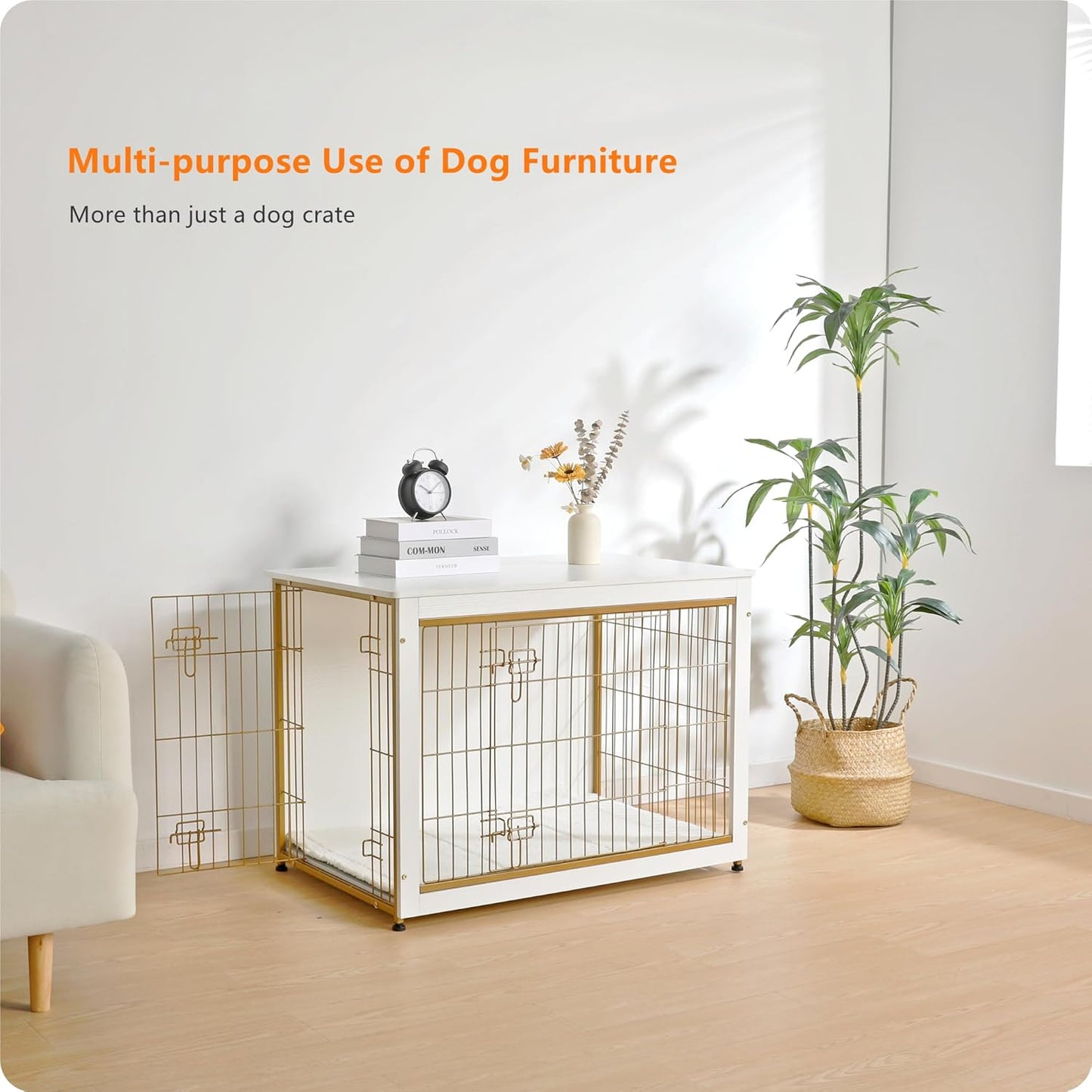 DWANTON Dog Crate Furniture with Cushion, Wooden Kennel Table with Double Doors, Indoor Dog House, Large Size, 38.5" L, White