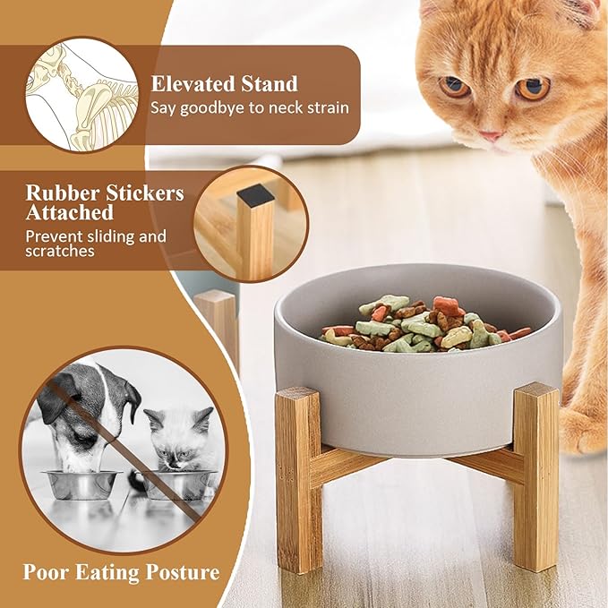 Elevated Ceramic Cat Bowl - Cat Food Bowl with Bamboo Stand - Raised Dog Dish for Puppies - Anti Vomiting, Stress Free - 13.5 oz / 400 ml - Pink