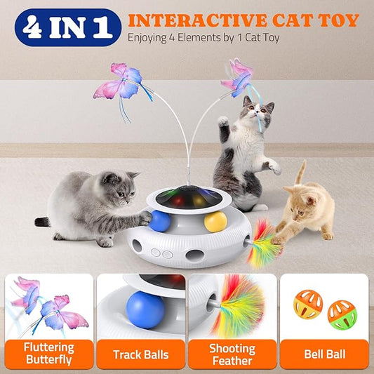 Pawtners Interactive Cat Toy: 4 in 1 Automatic Interactive Kitten Toys for Indoor Cats Rechargeable with Fluttering Butterfly, Track Balls and Ambush Feather