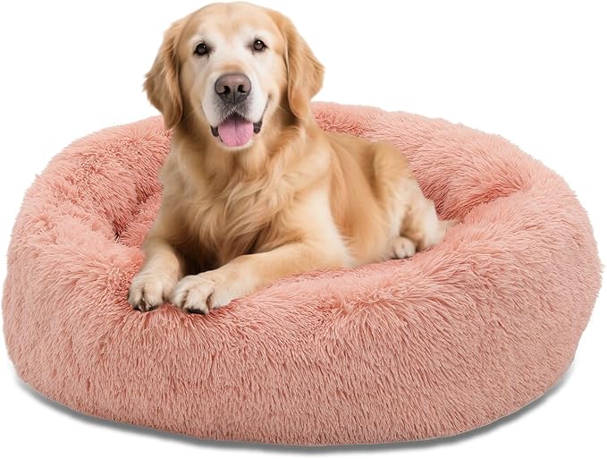 Athena Collection Washable Dog Bed Large Size Dog, Cat Bed for Indoor Cats, 36 Inches Fluffy Faux Fur Round Pet Bed Calming Cozy Soft Warming Donut for Large Size Pet, Pink