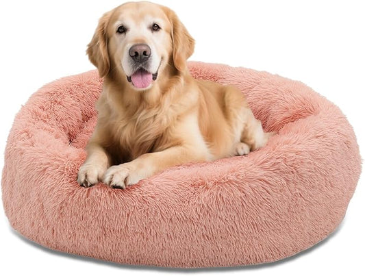 Athena Collection Washable Dog Bed Large Size Dog, Cat Bed for Indoor Cats, 36 Inches Fluffy Faux Fur Round Pet Bed Calming Cozy Soft Warming Donut for Large Size Pet, Pink
