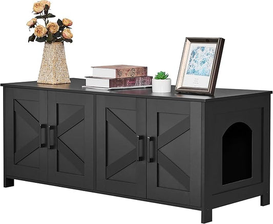 Homhedy Cat Litter Box Enclosure for 2 Cats, Litter Box Furniture Hidden with Double Room,Wooden Cat Washroom Furniture,Cat House,47.2”L x 19.7”W x 19.7”H,Black