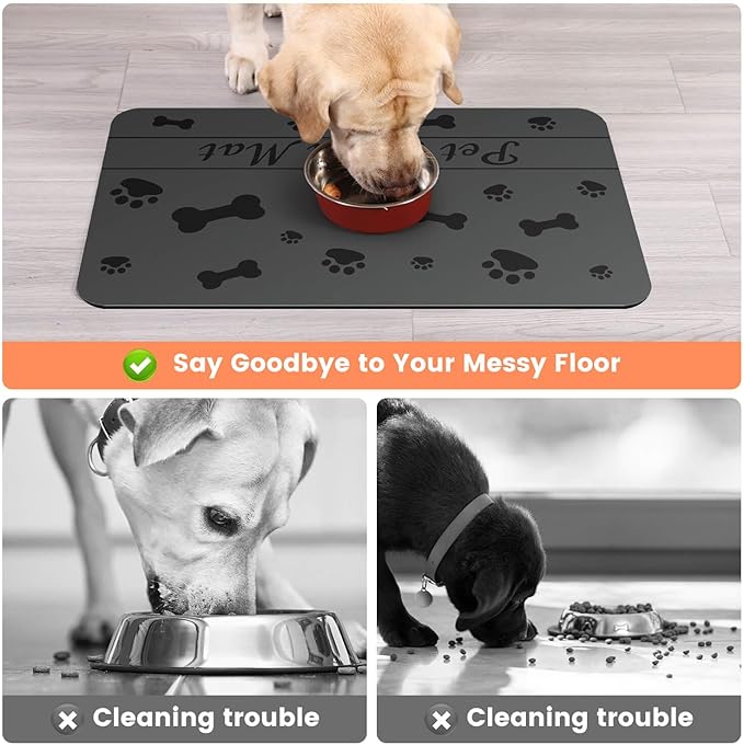 Pet Feeding Mat-Absorbent Pet Placemat for Food and Water Bowl, with Waterproof Rubber Backing, Quick Dry Water Dispenser Mat for Dog and Cat (16"x24", Dark Gray)