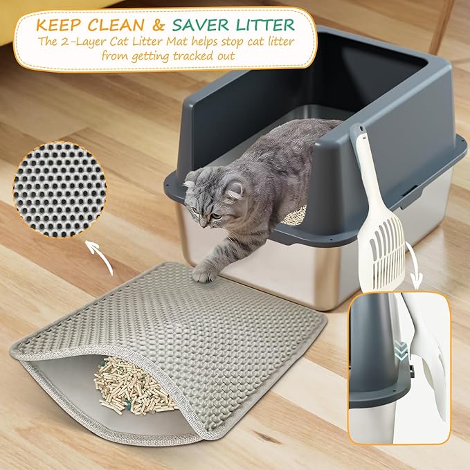 Stainless Steel cat Litter Box, Covered Metal Litter Box, cat Litter Pans with high Sides, Kitty Litter Boxes for Indoor Cats (Non Sticky, Easy to Clean, Anti-Urine Leakage) 17.5" L x 13.5" W x 6" H