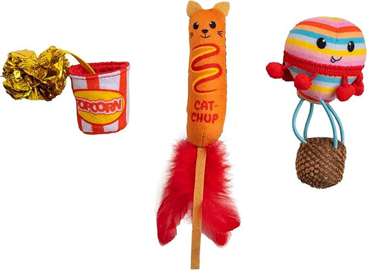 Catstages Pawrty Cat Toys, 3-Pack Catnip Plush Toys with Crinkle, Feathers & Flinger, Multicolored