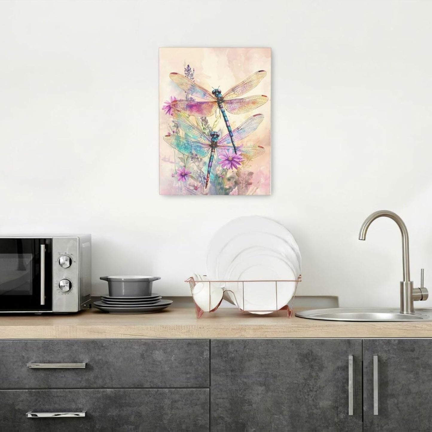 Dragonfly Bathroom Pictures Wall Art, Floral Bathroom Wall Decor, Framed Painting Canvas Artwork for Bedroom Living Room Decorations 16"L x 12"W