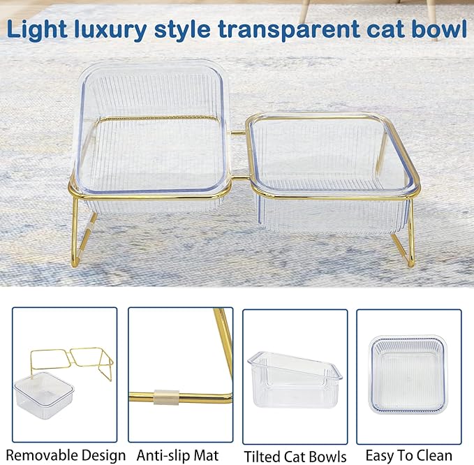 2PCS Elevated Double Cat Bowls,5.7" Pets Water and Food Bowl 15°Tilted Transparent Raised Kitten Food Feeding Dishes with Iron Stand Anti Slip Kitty Dishs Rose Gold Bowl Set for Kittiens