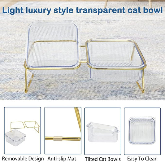 2PCS Elevated Double Cat Bowls,5.7" Pets Water and Food Bowl 15°Tilted Transparent Raised Kitten Food Feeding Dishes with Iron Stand Anti Slip Kitty Dishs Rose Gold Bowl Set for Kittiens