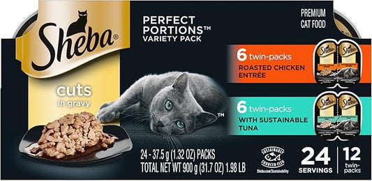 Sheba Perfect Portions Wet Cat Food Cuts in Gravy Variety Pack, Roasted Chicken Entree and with Sustainable Tuna, 2.6 oz. Twin-Pack Trays (12 Count, 24 Servings)