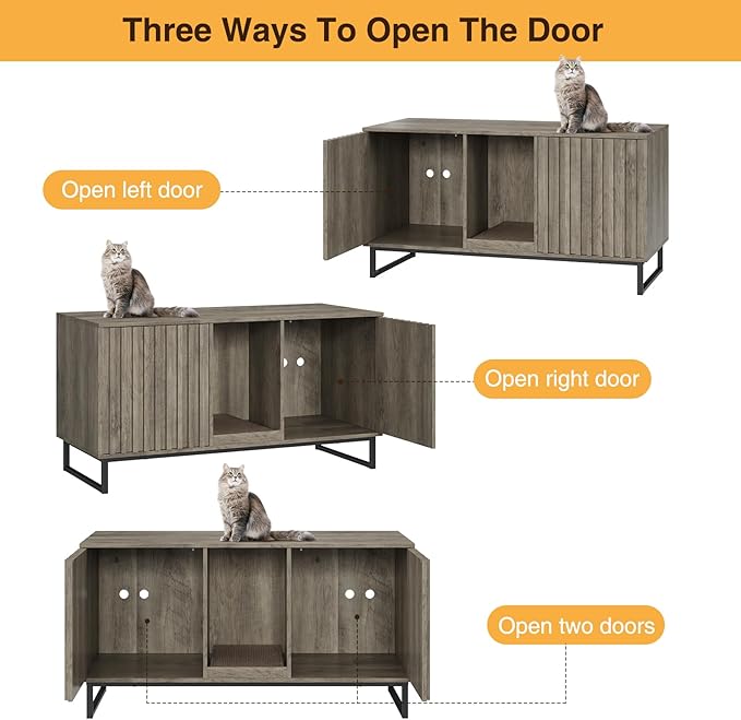 Cat Litter Box Enclosure for 2 Cats, 47.6’’ Litter Box Furniture Hidden with Scratch Pad, Double Room Large Cat Cabinet, Indoor Pet House TV Stand Side Table,Washroom,Grey