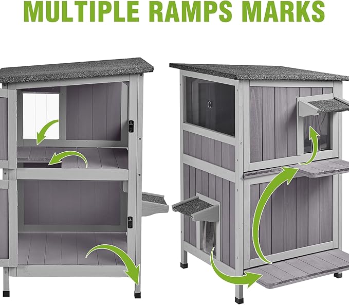 GUTINNEEN Outdoor Cat House Weatherproof with 2 Escape Doors and Window, 2-Storys Wooden Feral Cat Shelter with Asphalt Roof and Removable Floors, Cat Condo with 2 Large Side Doors for Easy to Clean