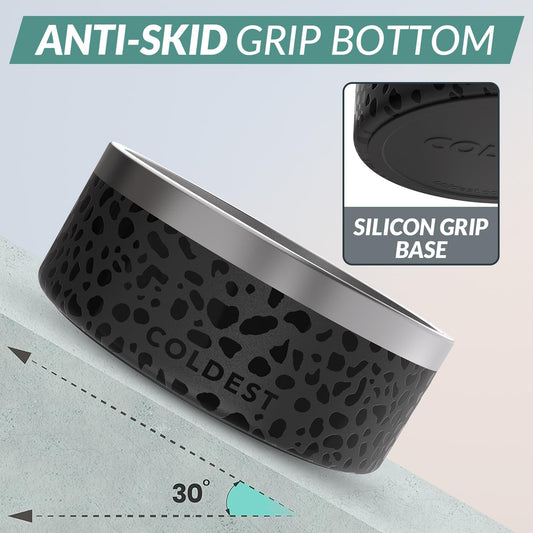 Coldest Dog Bowl - Anti Rust Metal, Non Slip, 3 Layers Insulated Stainless Steel Dog Bowls - Spill Proof & Heavy Duty - Water Bowl for Dogs, Cats & Pets, Dish Washer Safe (100 oz, Black Leopard)