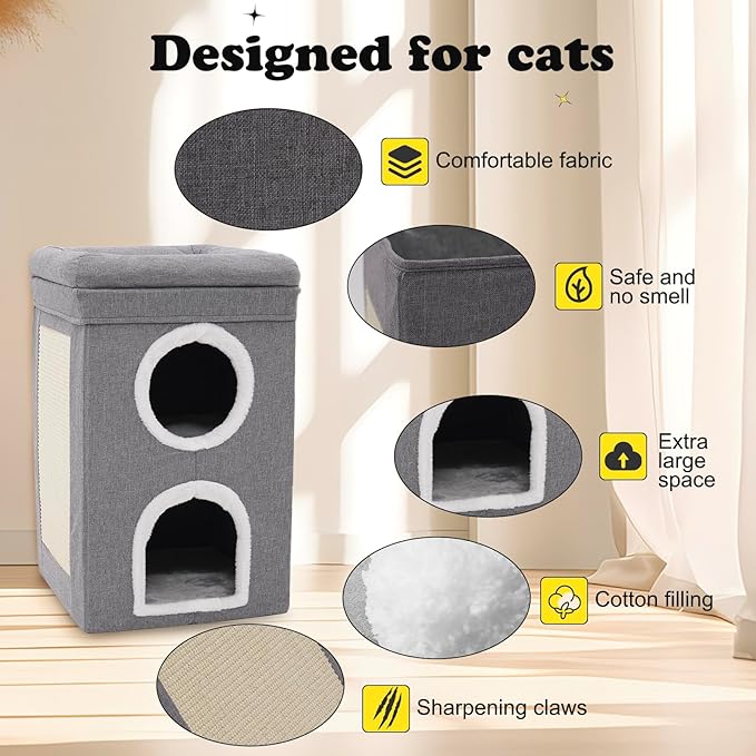 3-Level Cat House for Indoor, Covered Cat Condo with Scratch Pad and Hideaway Cave, Cat Bed &Furniture for Multi Pets and Large Cats, 15.3 * 15.3 * 26 inches,Grey