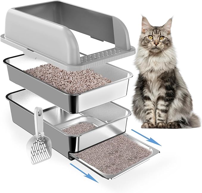 23.6"x15.7"x6" Enclosed Stainless Steel Litter Box with Lid, XL Sifting Litter Box for Pine Pellets with Removable Drawer Pan for Easy Cleaning, High Sides Large Metal Litter Box System for Big Cats