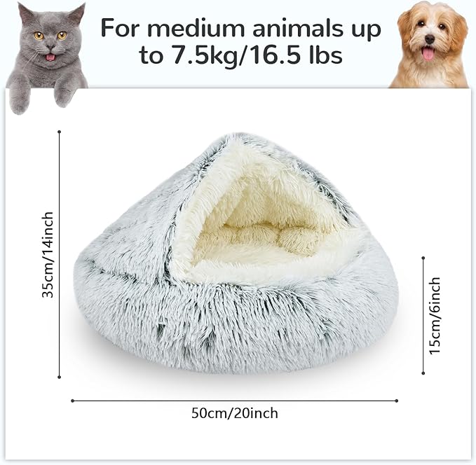 Round Plush Hooded Cat Bed, Fluffy Cozy Anti-Anxiety Dog Cave Beds for Puppy and Kitten, Gifts for Pet Lovers(20×20 inch, Grey)