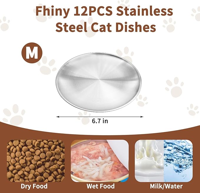 Fhiny 12 PCS Stainless Steel Cat Dish Set, 6.7" Wide Shallow Kitten Feeding Plate Replacement Basic Small Pet Bowl Metal Flat Dish for Stray Cats & Dogs