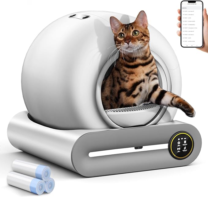 Self Cleaning Litter Box, Automatic Cat Robot for Multiple Cats, Large Litter Box with 3 Rolls Waste Bags Liners, App Control, Negative ion Deodorization