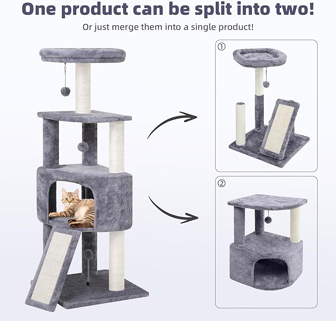 45in Cat Tree Tower with Big Condo for Indoor Kitten,Cat Tower with Scratching Post,Scratching Board and Cat Toys,Multi-Level,Small Space,Transformer Cat Tree, Grey(New)