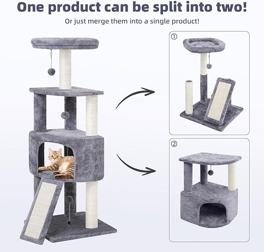 45in Cat Tree Tower with Big Condo for Indoor Kitten,Cat Tower with Scratching Post,Scratching Board and Cat Toys,Multi-Level,Small Space,Transformer Cat Tree, Grey(New)
