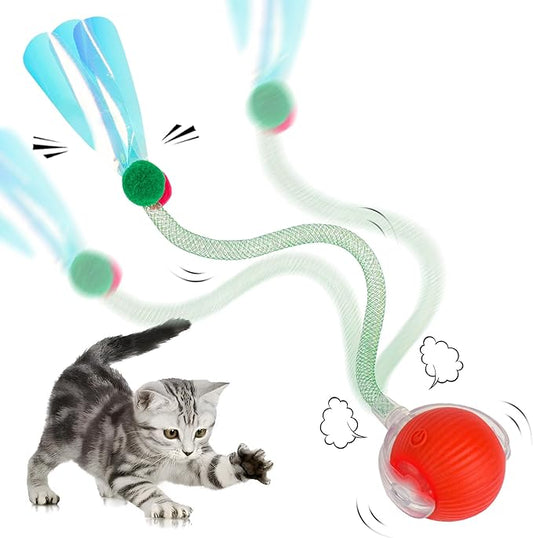 Interactive Cat Toy Ball for Indoor Cats, 2025 New Fast Self Rolling Ball Cat Toy on Carpet, Smart Interactive Automatic Cat Toy Ball for Gifts, Moving Cat Toy with Elastic Mesh Tail(Red)