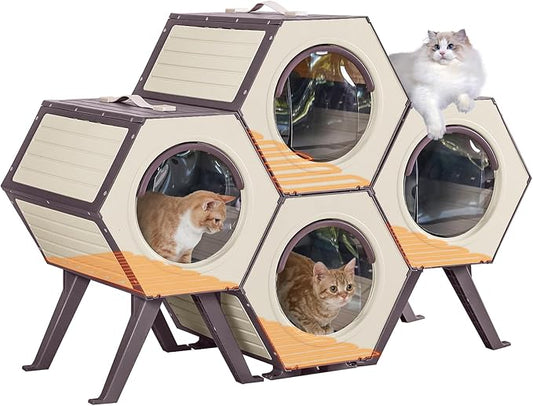 GUTINNEEN Outdoor Heated Cat House with Heater Insulated Feral Cat Shelter with Adjustable Temperature and Time Expandable Feral Cat House with Escape Door for Winter Weatherproof (4 Sets)