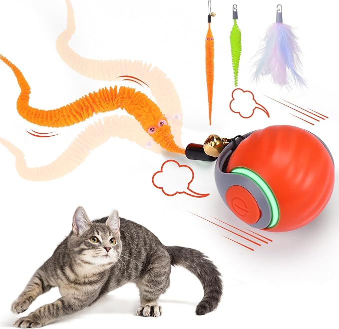 BABORUI Interactive Cat Toy Ball - Automatic Interactive Cat Toys for Indoor Cats with 3 Tails, 2 Speeds Rechargeable Enrichment Toys for Small/Medium/Large to Keep Them Busy (Orange)