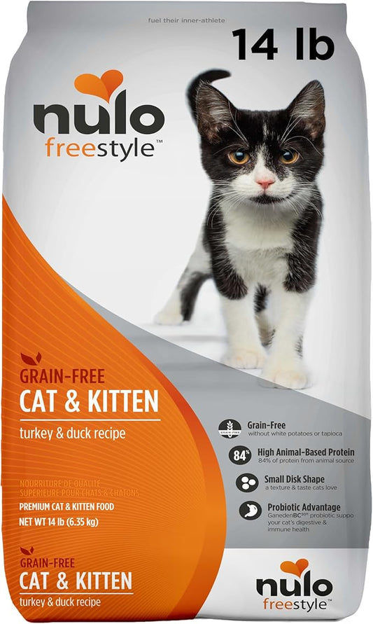 Nulo FreeStyle High Protein Cat & Kitten Food, Turkey & Duck Recipe - Natural Grain-Free Dry Cat Food with Omega Fatty Acids & Probiotics, 14 lb Bag