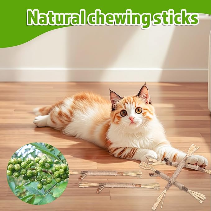 Silvervine Sticks for Cats 8 Pack Natural Cat Chew Toy Teeth Cleaning Edible Matatabi Dental Care Kitty Chew Sticks Catmint Cat Nip Treat Stick for Bored Indoor Kitty Calm Anxiety and Stress