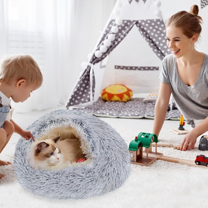Deblue Soft Cat Cave Beds for Indoor Cats, Round Warm Cat Beds with Hooded Cover, Waterproof Bottom Long Plush Covered Sleeping Cozy Pet Bed for Puppies and Cats (Large)