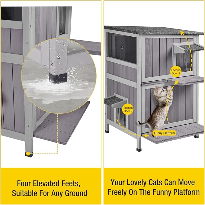 Aivituvin Outdoor Cat House，2-Levels Feral Cat Shelter Insulated for Winter，Large Size Cat Enclosure for Multiple Cats