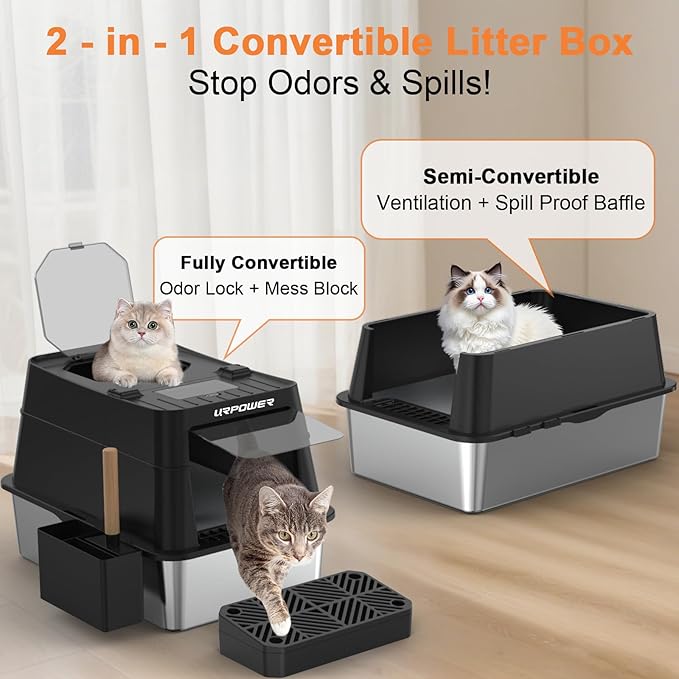URPOWER Stainless Steel Cat Litter Box with Lid 110° Flip-Top Extra Large Enclosed Litter Box Non-Sticky Metal Pan with High Sided & Scoop, Odor Free, Front & Top Entry, Anti-Leakage, Easy Cleaning