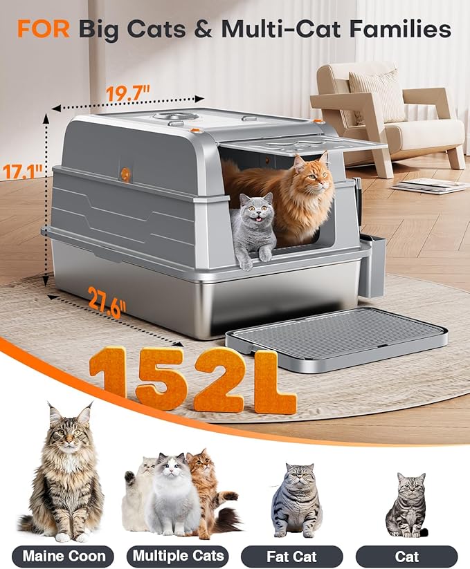 CATLIKE® 2025 Upgrade 152L XXXL Stainless Steel Cat Litter Box - 3-Layer Urine Leak-Proof, Enclosed Design w/Charcoal Filter for Maine Coon & Multi-Cat Homes, Includes Metal Scoop & Mat