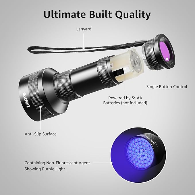 Lepro 51 LEDs UV Light Handheld Blacklight, UV Flashlight Black Light, 395nm Detector for Pet Urine, Stains, Bed Bug and Scorpions, Battery Not Included