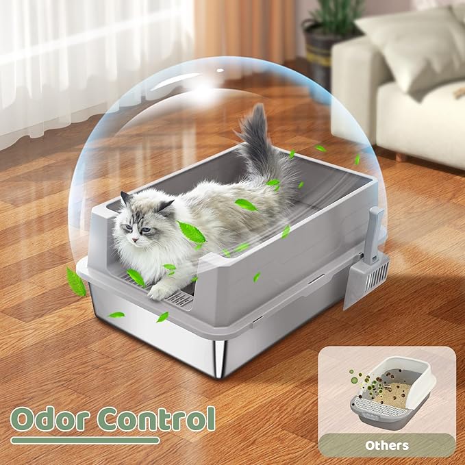 XXXL Stainless Steel Cat Litter Box with High Sides, 28"x20"x12" Extra Large Litter Box for Multiple-Big Cats, Metal Cat Litter Pan, Anti-Urine Leakage, Easy Clean (Grey)