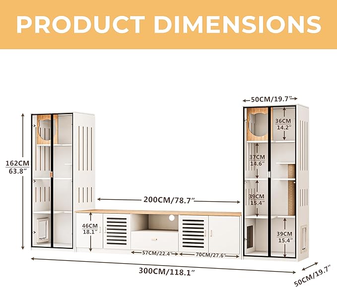 3-in-1 Cat Cabinet and TV Stand White Cat Climbing Furniture with Scratching Posts Pet Door, Modern Wooden Design with Storage and Drawer for Living Room