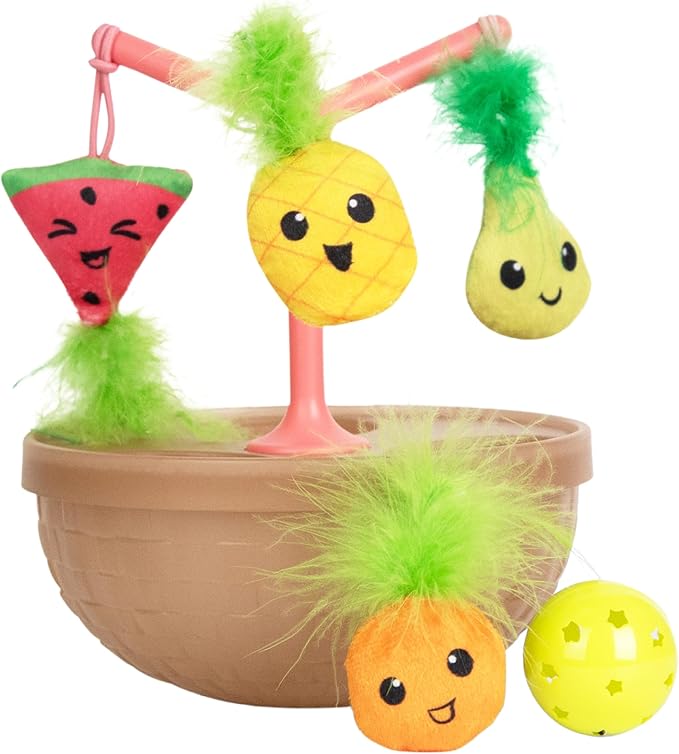 Catstages Hunt N' Wobble Fruit Bowl Wobbling Cat Toy with Five Catnip Toys, Jingle Ball, and Flingers, Multicolored