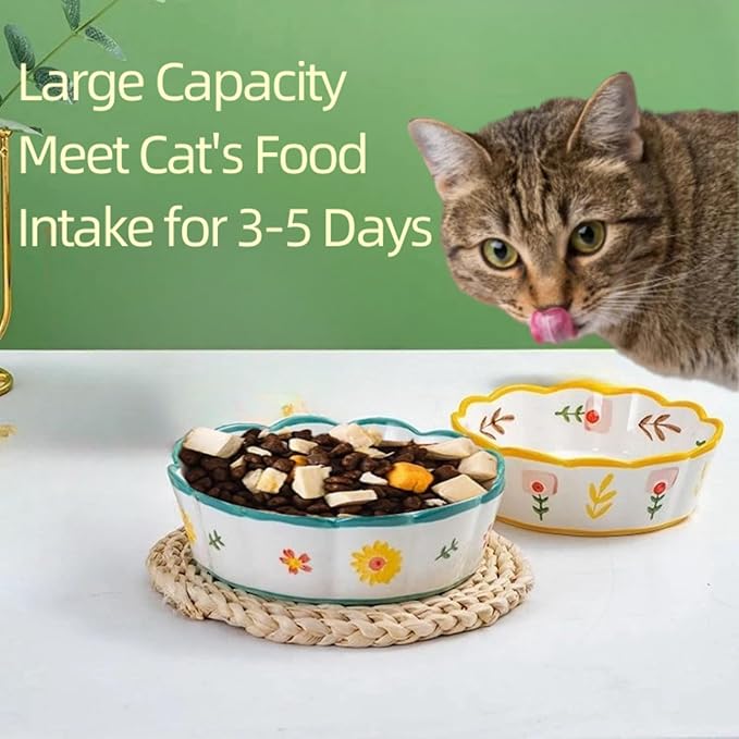 Premium Cat Food Bowl Set of 2, 6" Ceramic Shallow Weighted Bowls with Whisker-Fatigue Design for Indoor Cats, Perfect for Wet Food