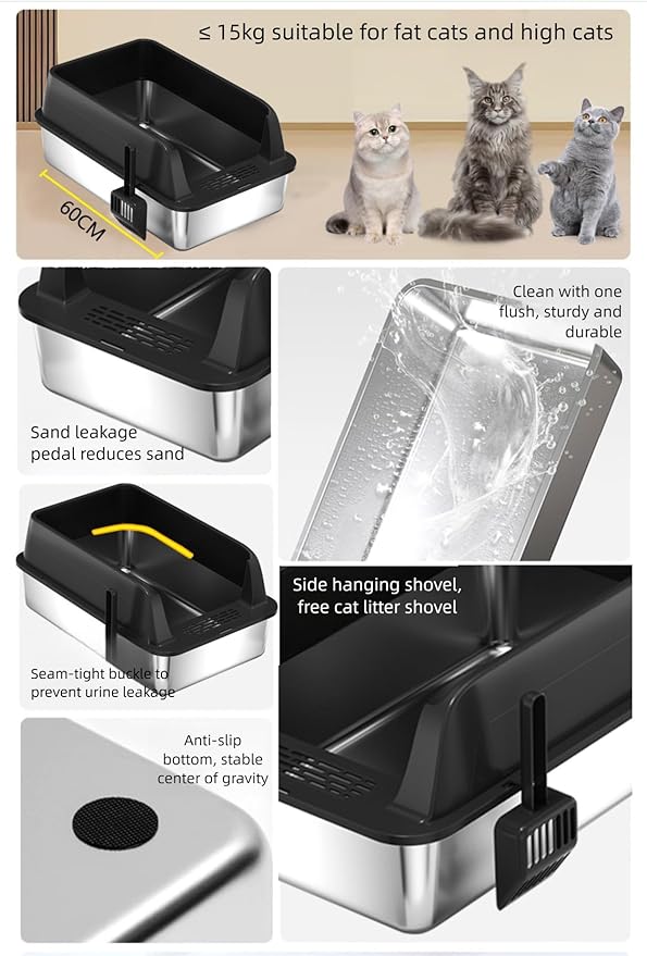 2PCS Stainless Steel Cat Litter Box，Metal Kitty Litter Box with High Wall Sides Enclosure for Big and Small Cats, Odor Control, Easy Clean,Non-Sticky, Anti-Leakage (23 * 15 * 12 inch)