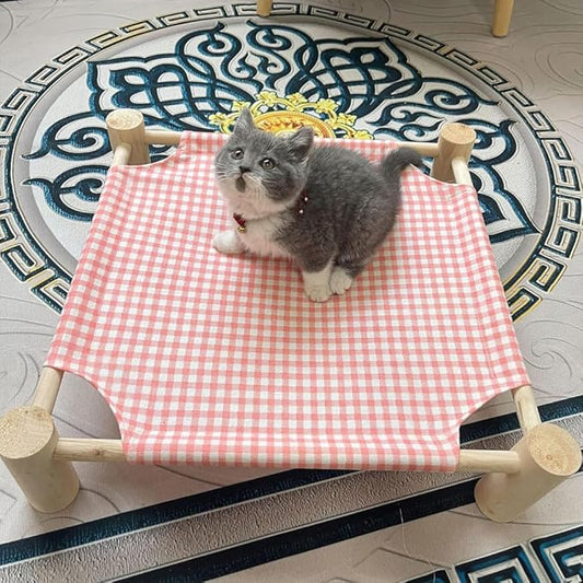 Pozico Elevated Cat & Dog Bed – Wooden Frame Pet Hammock for Small Dogs & Cats, Indoor/Outdoor Raised Bed with Breathable Mesh, Portable Pet Cot Furniture – Pink Grid