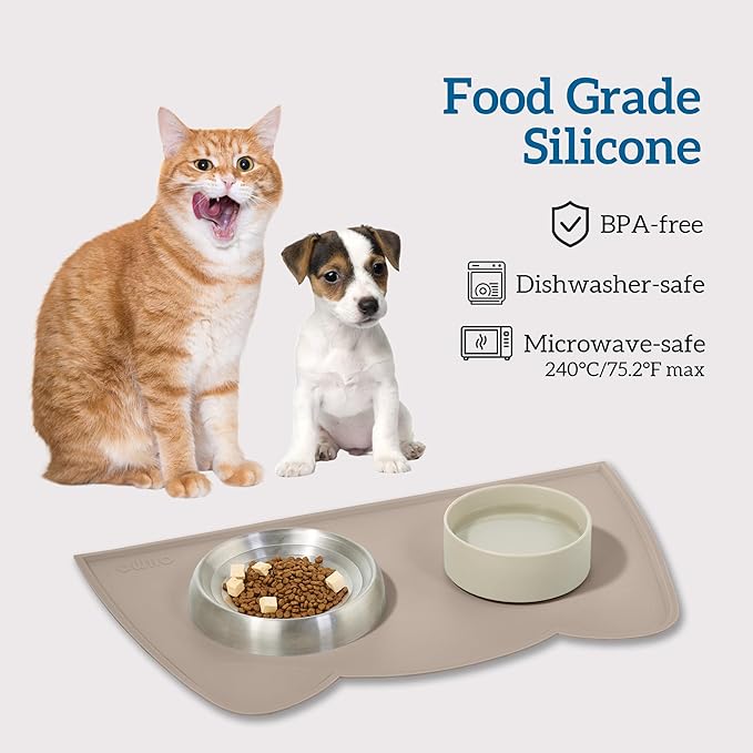 OHMO - Cat Food Mat, Silicone Pet Feeding Mat for Floor Non-Skid Waterproof Dog Water Bowl Tray, Easy to Clean Pet Placemat (Beige, 18 * 9.8'')