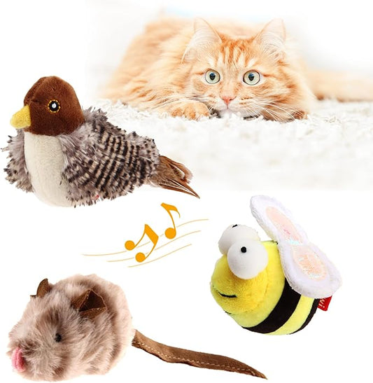 Gigwi Interactive Cat Set - Squeaky Feather Toys for Indoor Cats, 3PCS Plush Pack Including Mouse Hunt, Chase Bird, and Chirping Bee