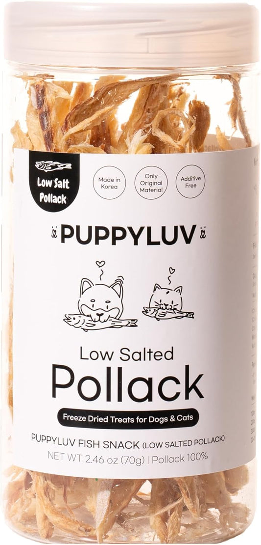 Puppyluv Treat - Air Dried Pollock Dog & Cat Treats, Wild Caught, Single Ingredient, Natural High Protein & Fish Oil, Grain Free, Gluten Free, 2.5oz